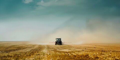 Fototapeta premium A tractor in a field demonstrates modern farming techniques by spraying pesticides or cultivating to improve crop yield. Concept Agricultural Technology, Modern Farming Methods, Crop Management