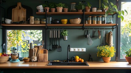 Zoom in on a kitchen rack where inspiration meets practicality, displaying shelf ideas that transform kitchen storage