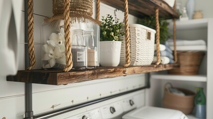 Vintage-inspired hanging shelves in a cozy laundry room, close-up on the intricate details and practical beauty of storage solutions