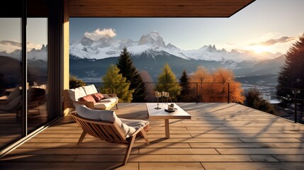 A beautiful view of the mountains from a house with a large balc