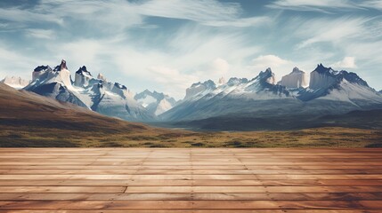 Wooden deck with a beautiful mountain landscape in the backgroun - obrazy, fototapety, plakaty