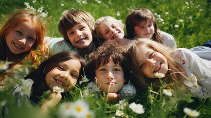 A group of happy children lying in the grass and smiling - obrazy, fototapety, plakaty