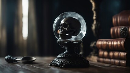 A sinister and cursed crystal ball with a skull pedestal, a black cloth, and a dagger. It smokes  - obrazy, fototapety, plakaty