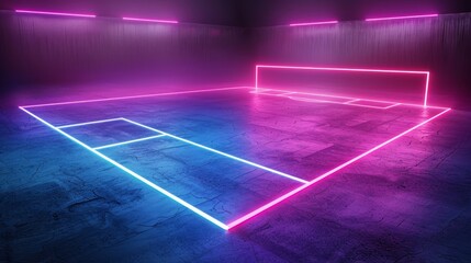 View from above, neon soccer field, football playground, glowing pink line, virtual sportive game, 3D render, pink blue glow in the night