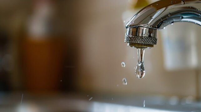 Macro shot of a dripping tap, water droplets in mid-air, illustrating the critical problem of water waste in a domestic setting