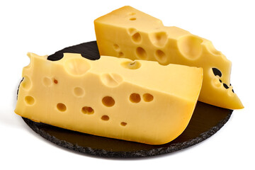 Emmental cheese, Swiss cheese, isolated on white background. High resolution image