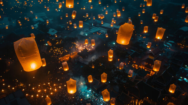 floating sky lanterns , photograph of glowing white paper Chinese style lamp into the night sky at Chiang Mai Flower Festival to xen mon Songkran festival
