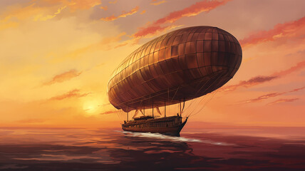 the balloon is flying against the background of the sunset sky landscape travel freedom adventure oil paints.