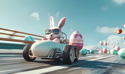 Easter bunny with sunglasses driving on the speedway in an easter egg car.