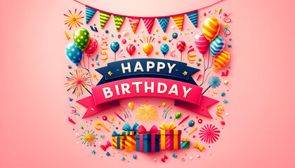 A vibrant and festive happy birthday banner. The banner have a cheerful pink background and adorned with colorful elements