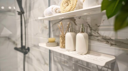 Inspired close-up of innovative shower shelf designs, emphasizing unique storage solutions for bathroom essentials in minimalist style
