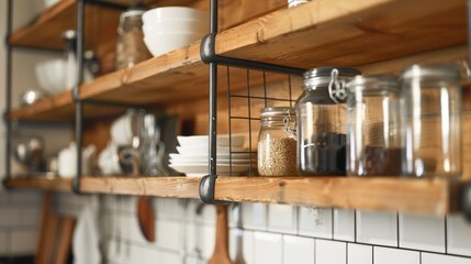 Fototapeta na wymiar Innovative hanging shelves in a minimalist kitchen, a close-up on the harmony of functionality and style, inspiring shelf ideas