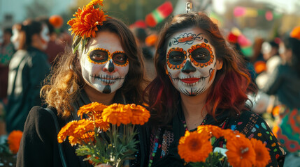 Two women with face paintings celebrating Day of the Dead, holding orange flowers and wearing black They pose for a photo together at an event with other people decorated to celebrate Mexican culture.