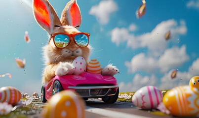 Easter bunny with sunglasses driving on the speedway in an easter egg car. - obrazy, fototapety, plakaty