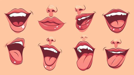 The mouth animation kit for a woman. Cartoon modern illustration of young female character with various positions of her lips and tongue during talking and pronouncing the English alphabet.