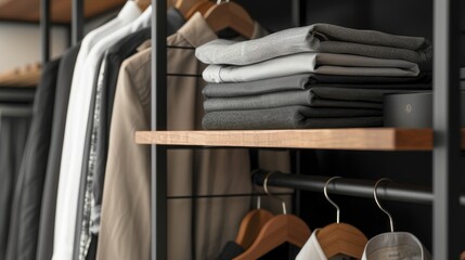 Obraz na płótnie Canvas Innovative clothes rack with shelving, showcasing close-up details of inspired organization and design for a modern look