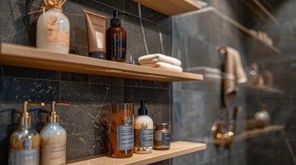 Elegant, unique bathroom shelves in a shower, captured up-close, showcasing inspired shelving solutions that combine style and practicality - obrazy, fototapety, plakaty
