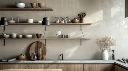 Elegant, minimalist kitchen featuring close-up of hanging shelves, filled with inspired and functional shelf ideas