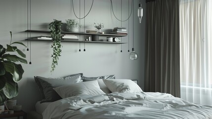 Elegant, minimalist bedroom with hanging shelves filled with subtle decor, a close-up on simplicity and inspired living