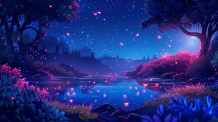 Fireflies in a dream forest at night under a beam of moonlight. Cartoon fantasy landscape with trees and bushes, fluorescent pink glowworms above water. - obrazy, fototapety, plakaty