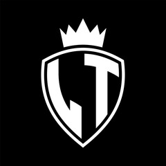LT Letter monogram shield and crown outline shape with black and white color design