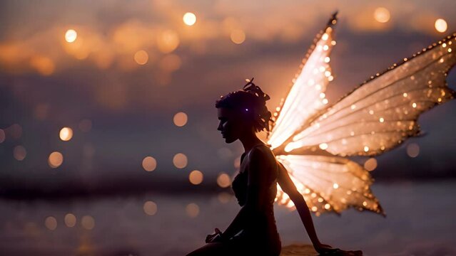 Silhouettes of fairy with magical bokeh background. Magical fairies 4k video particles sparks. Fantasy colorful background beauty