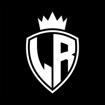 recommend clip art: LR Letter monogram shield and crown outline shape with black and white color design