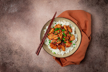 fried chicken teriyaki with rice, green onion and sesame, homemade, no people,