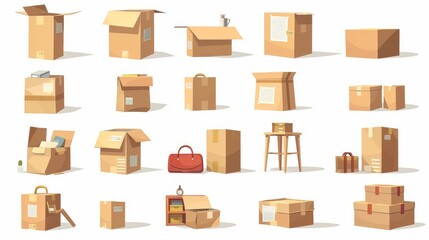 Cartoon modern set of cardboard boxes stacking with belongings for delivery or storage in a garage. Boxes with house stuff for relocation.