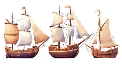 Cartoon illustration set of medieval marine transport corsair and galleon for sea adventure game user interface design. Sail and pirate boat with sails.