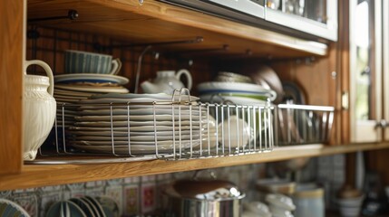 Detailed view of a wire shelf rack, ingeniously hanging in a cabinet, illustrating creative and practical shelving ideas