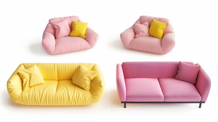 3D couches isolated on white background. Modern realistic illustration of a yellow and pink sofa mockup for home interior design, living room or hotel lobby design.