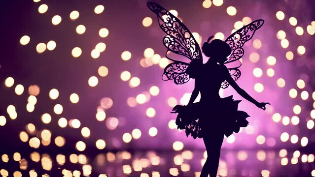 Silhouettes of fairy with magical bokeh background. Magical fairies 4k video particles sparks. Fantasy colorful background beauty