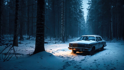 Abandoned vehicle in dark forest in winter