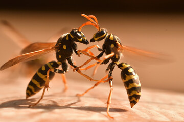 2 wasp are fighting for their territory in the spring macro  - 774154349