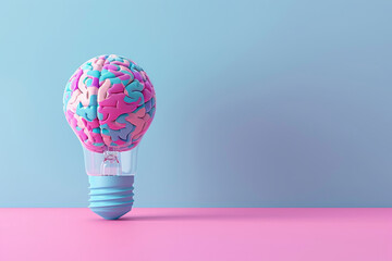 A 3D minimalist light bulb with a vibrant brain pattern set against a calming pastel indigo background - obrazy, fototapety, plakaty