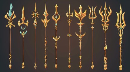 Cartoon modern illustration set of fantasy metallic spear and pitchfork in various stages of decoration and ornaments progress. A Poseidon or Neptune magic golden trident for game level rank design. - obrazy, fototapety, plakaty