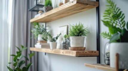 Close-up on minimalist hanging shelves in a cozy tap room, displaying inspired shelf ideas that merge simplicity with elegance