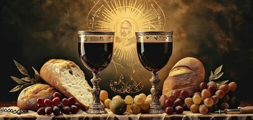 Eucharist sacrament chalice symbols bread and wine hosts artistic vintage retro style, Generative AI 