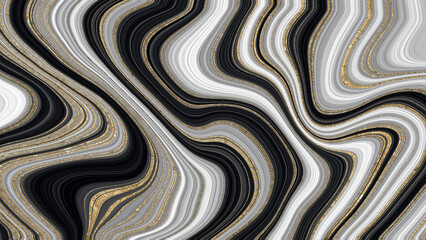 Agate curvy line effect texture background in gradient black and white tone with golden effect. Marble pattern. Use as background, wallpaper, web page