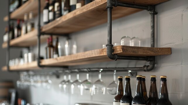 Close-up on minimalist hanging shelves in a cozy tap room, displaying inspired shelf ideas that merge simplicity with elegance