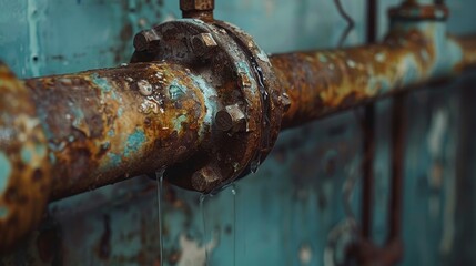 Close-up on a rusty pipe with a water leak in a garage setting, showcasing the critical moment before a plumbing disaster - obrazy, fototapety, plakaty
