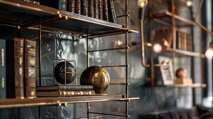 Close-up on a luxurious hanging shelf rack, displaying unique and inspired bookshelf ideas that elevate home decor to art - obrazy, fototapety, plakaty