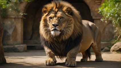 Obraz premium Fat lion in the zoo. Short-legged lion