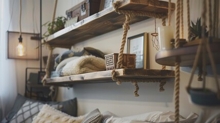Close-up of vintage-inspired hanging shelves, adorned with classic books and unique trinkets, exuding warmth and nostalgia
