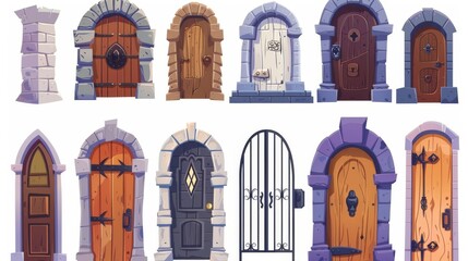 Isolated medieval wooden doors set isolated on white background. Modern illustration of historical building design elements, stone porch, arch doorway with locked gate, iron doorknob, old - obrazy, fototapety, plakaty