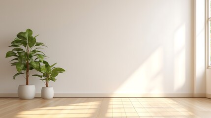 empty room with a plant. vase on floor. light pink wall in the background. 