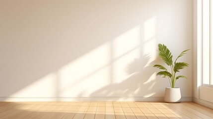empty room with a plant. vase on floor. light pink wall in the background. 