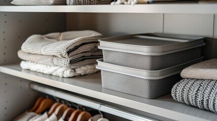 Fototapeta na wymiar Close-up of inspired closet shelf organizer bins with lids, showcasing smart storage solutions and creative shelf ideas in a home setting