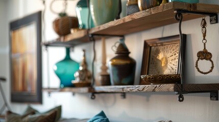 Close-up of hanging shelves filled with treasures in a living room, offering inspired ideas for personalizing your space - obrazy, fototapety, plakaty